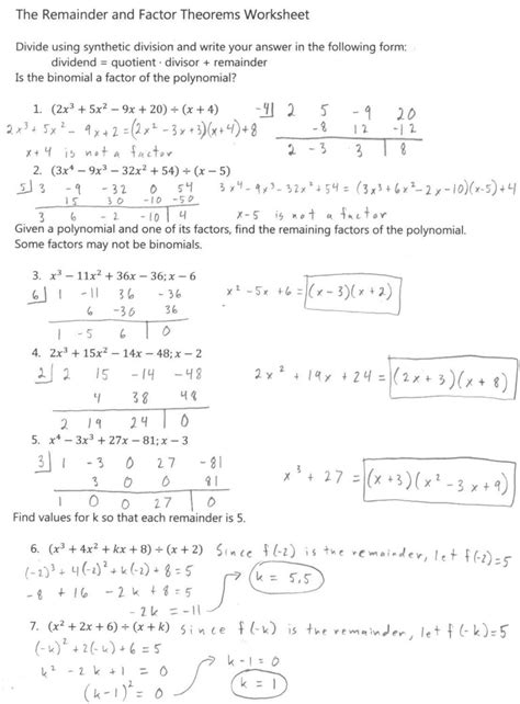 synthetic division worksheet answer key